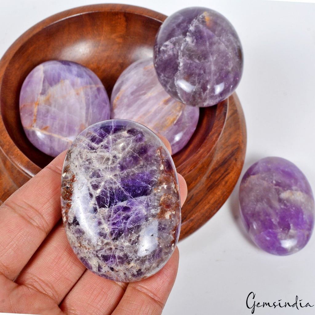 2120 Ct/5 Pcs Natural Amethyst Quartz Polished Palm Stone Decor Reiki Healing