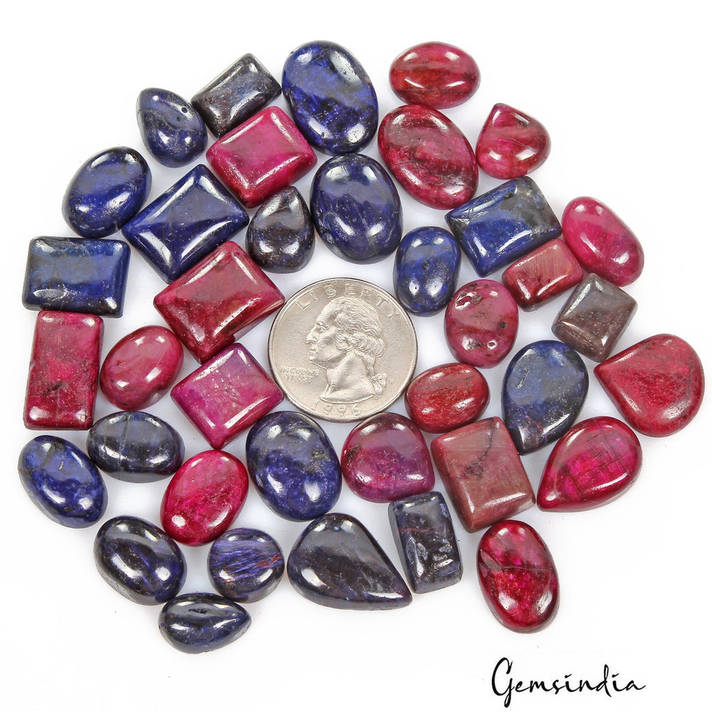 600 Cts/38 Pcs Natural Red Ruby Blue Sapphire Mix Cab Loose Gems Lot For Jewelr