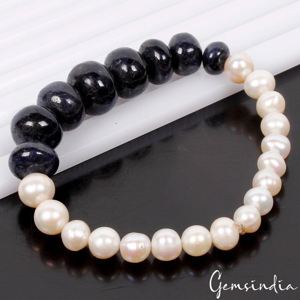 145 Ct Round Bead Freshwater Pearl & Sapphire Stretchable Bracelet Jewelry 6.5"
