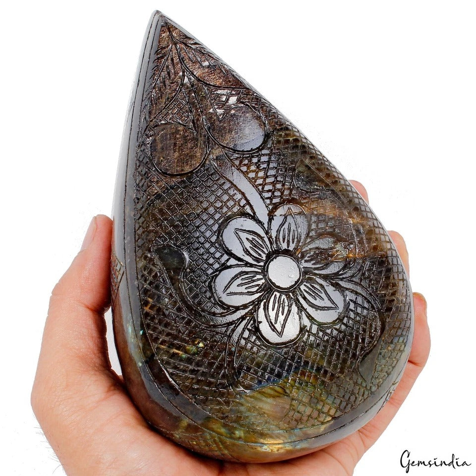 1.6 kg Natural Labradorite Carving Huge Teardrop Crystal Floral Etched Decor Gem