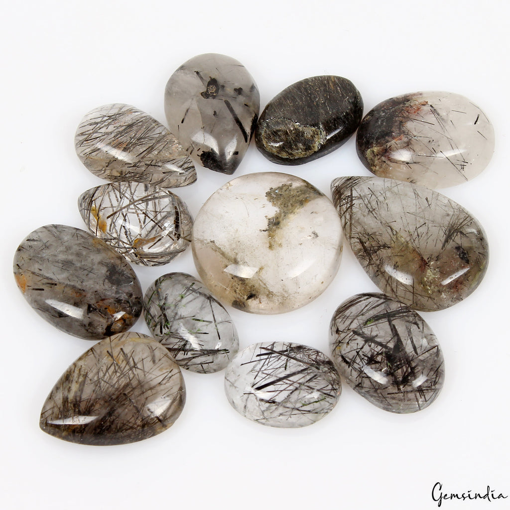 143.80Ct/12 Pcs Natural Untreated Black Wire Rutile Quartz Mix Cabochon Gemstone