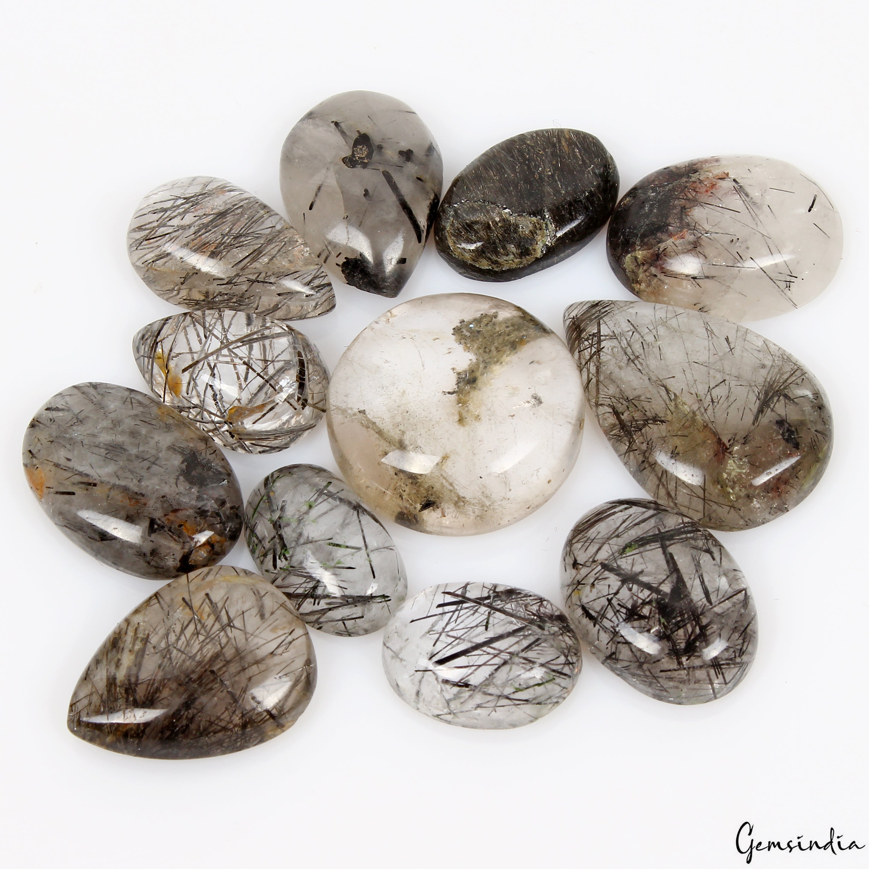 143.80Ct/12 Pcs Natural Untreated Black Wire Rutile Quartz Mix Cabochon Gemstone