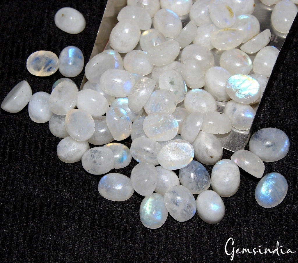90 Pcs Natural Rainbow Moonstone Cabochon Blue Flashy Oval Gemstones 269.50 Cts