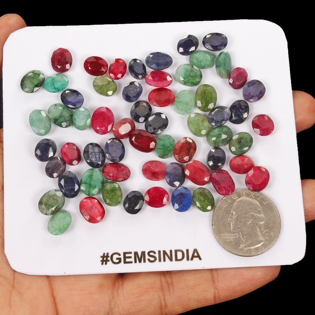 160 Ct/60 Pcs Natural Multi Color Emerald Ruby Sapphire Oval Cut Gem For Jewelry