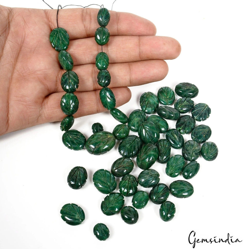 420 Cts/48 Pcs Natural Brazilian Dark Green Emerald Oval Carved Drill Gems Beads