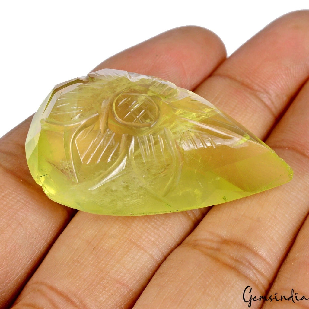 120 Cts Natural Lemon Citrine Quartz Pear Cut Hand Carved Loose Pendant Size Gem
