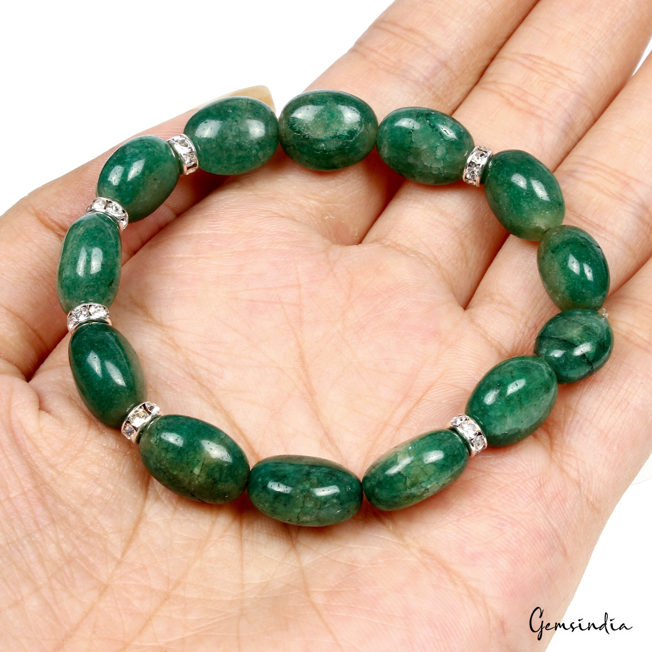 6.5" Natural Brazilian Emerald Oval Cab Handmade Stretchable Bracelet for Women