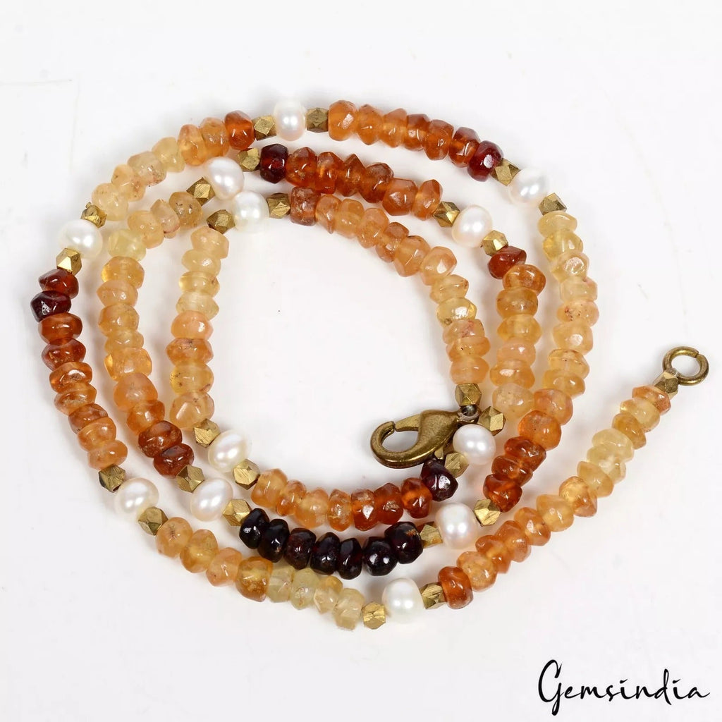 150 Ct Untreated Hessonite Garnet & Pearl Round Cut Bead Handmade Necklace 20"