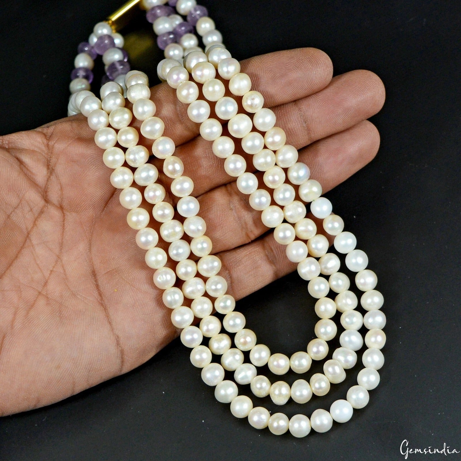 Genuine 680. 50Ct Freshwater Pearl & Amethyst 3 Strand Necklace Bracelet Jewelry