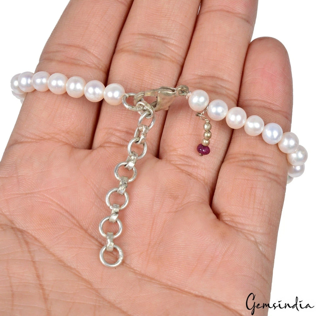 74 Ct Natural Red Ruby &Pearl Beaded Handmade Bracelet W Adjustable Silver Chain