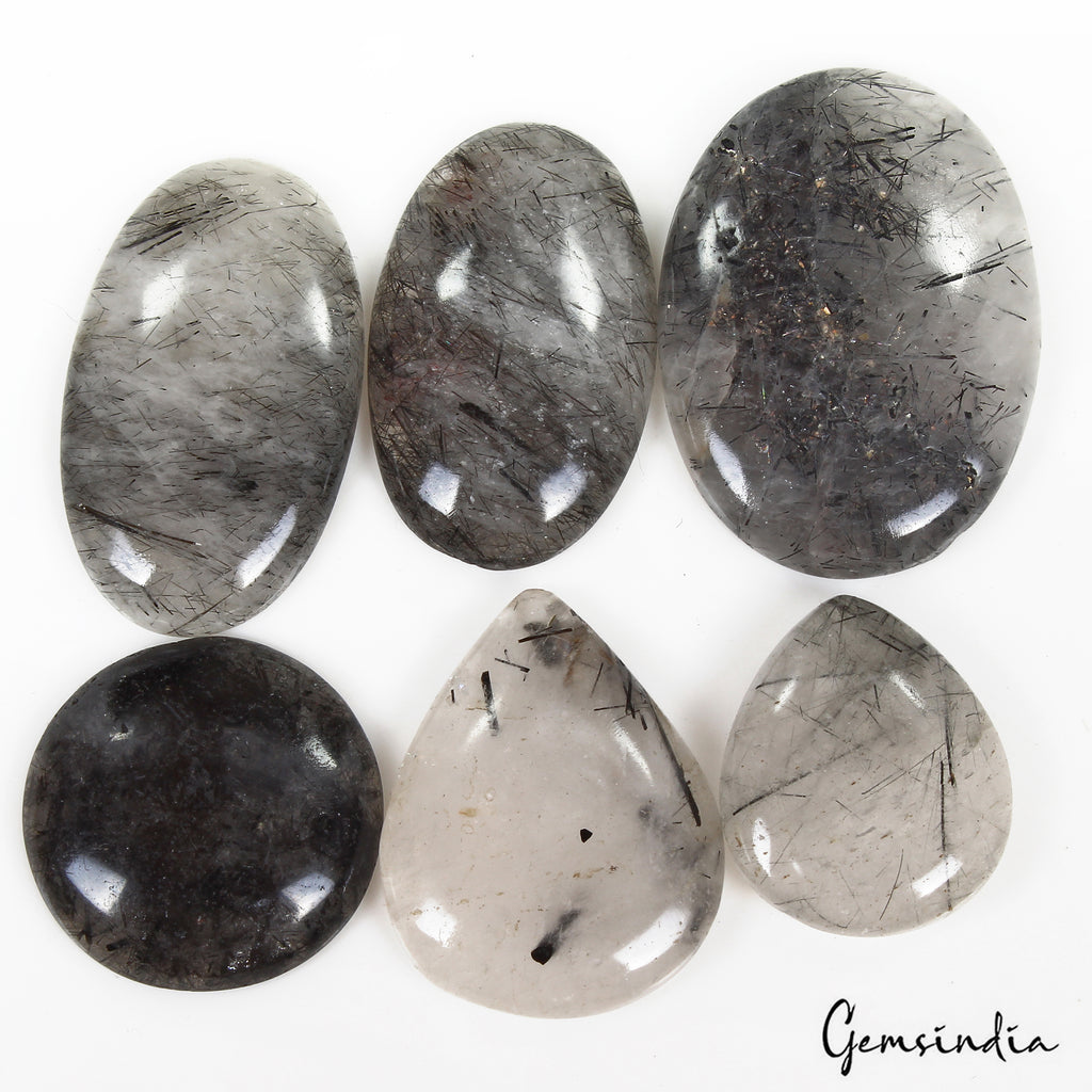 Rutile Quartz Lot, Cabochon, Untreated, Black — 6 Pieces, 26mm to 45mm, 380 Ct, Madagascar