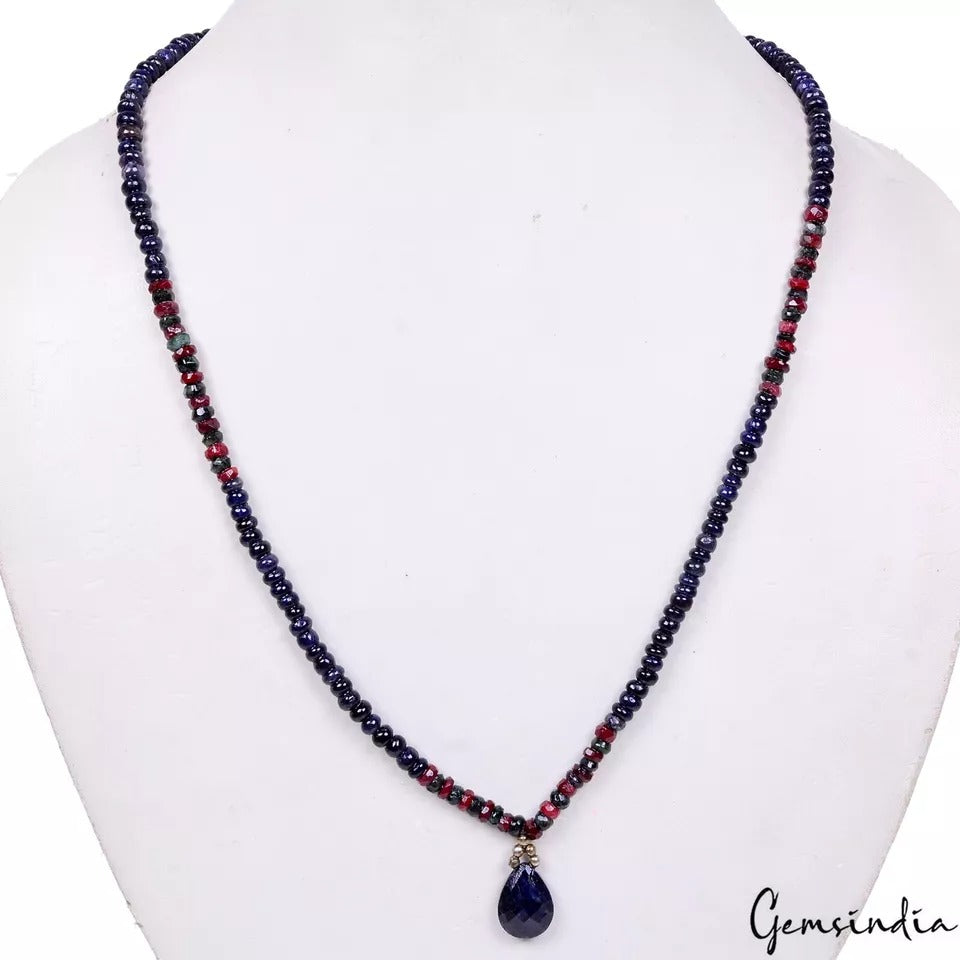 105.60Ct Natural Multi Color Emerald Ruby Sapphire Handmade Single Line Necklace