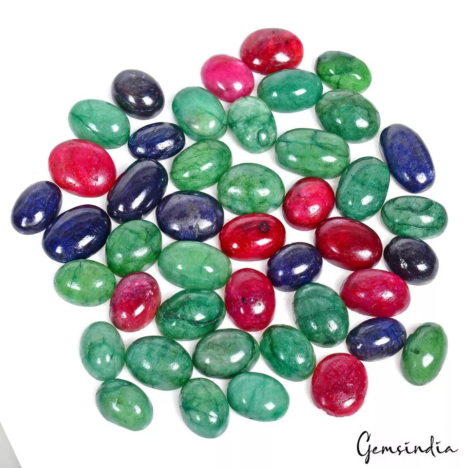 600 Cts/44 Pcs Natural Multi Color Emerald Ruby Sapphire Oval Cab Loose Gems Lot