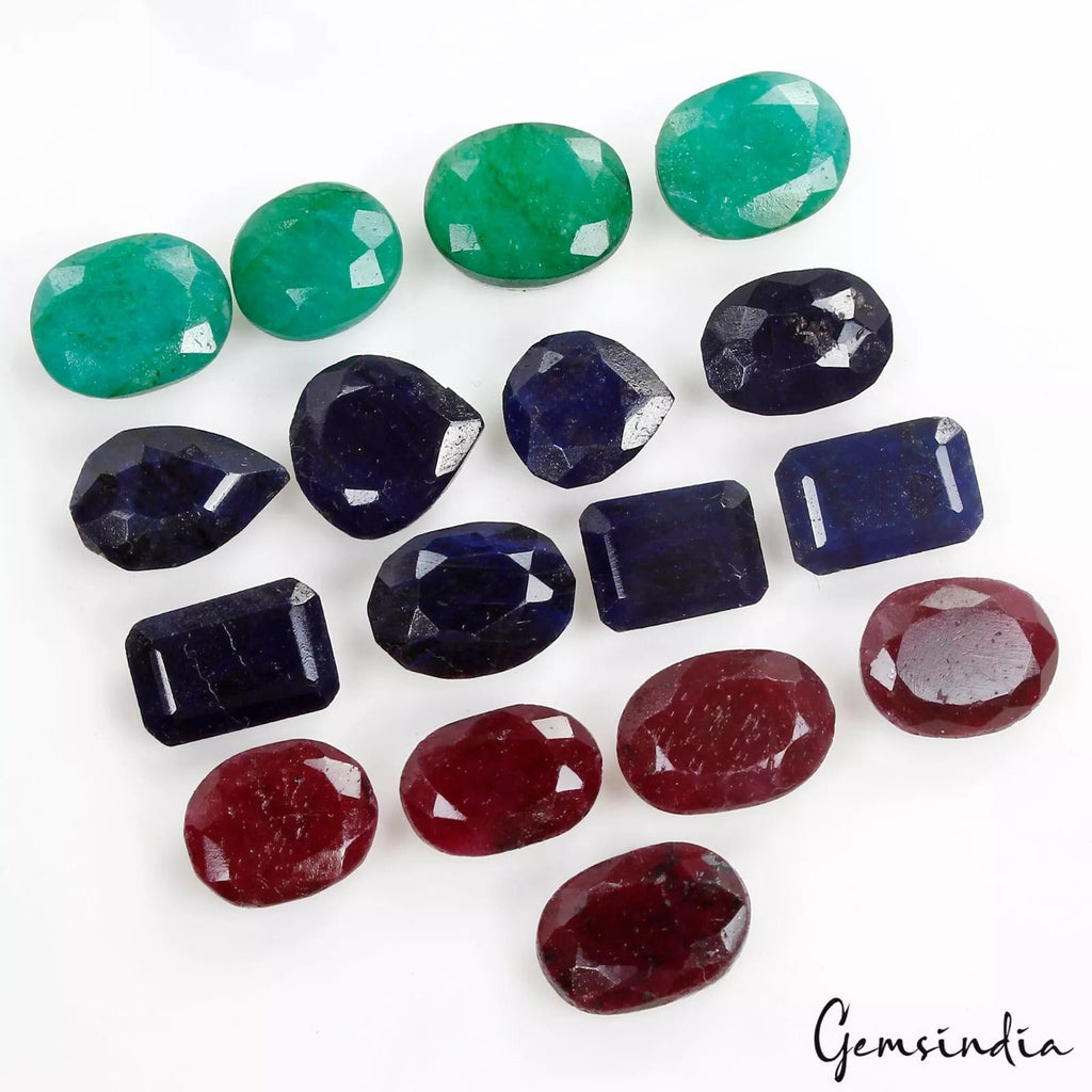 Certified 175 Cts/17 Pcs Natural Multi Color Ruby Emerald Sapphire Mix Cut Gems