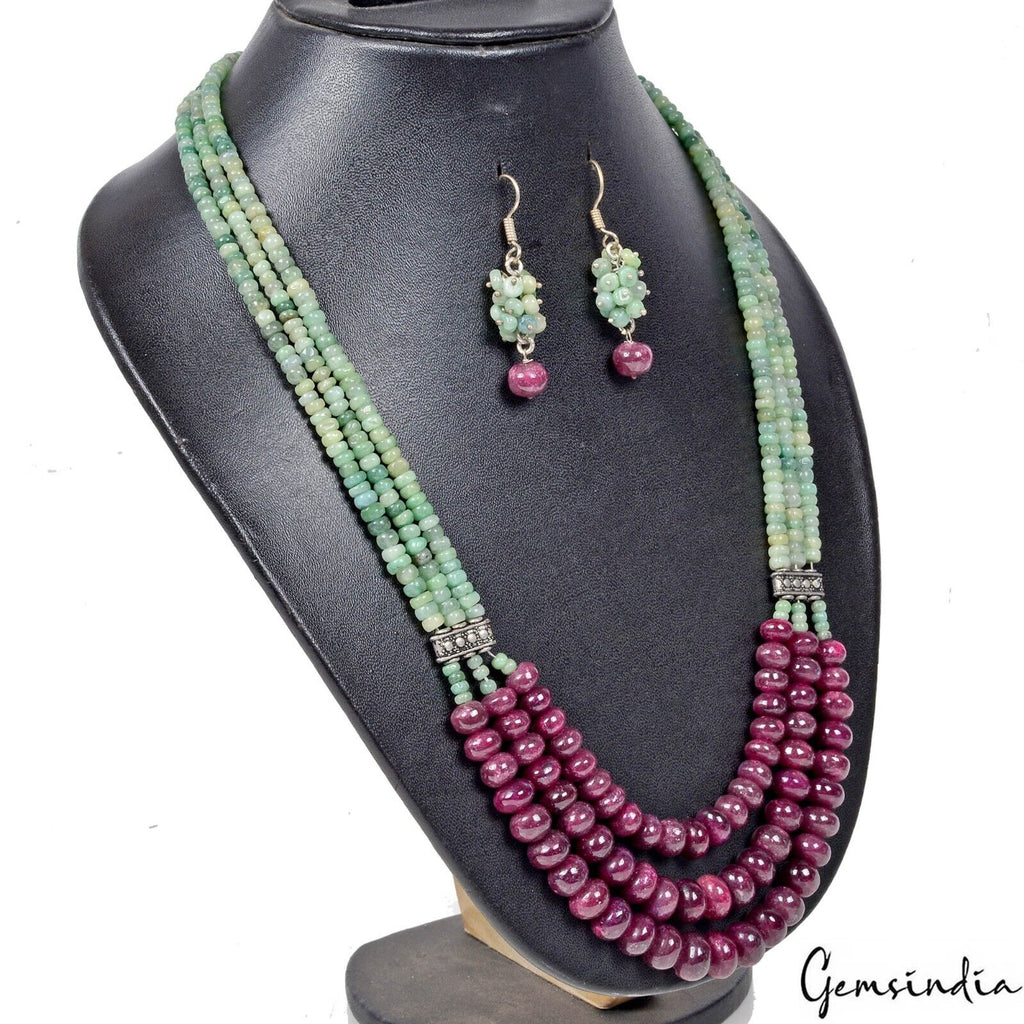 614.30Ct Natural Ruby Emerald Beads Cabochon Stones Handmade Necklace w Earrings
