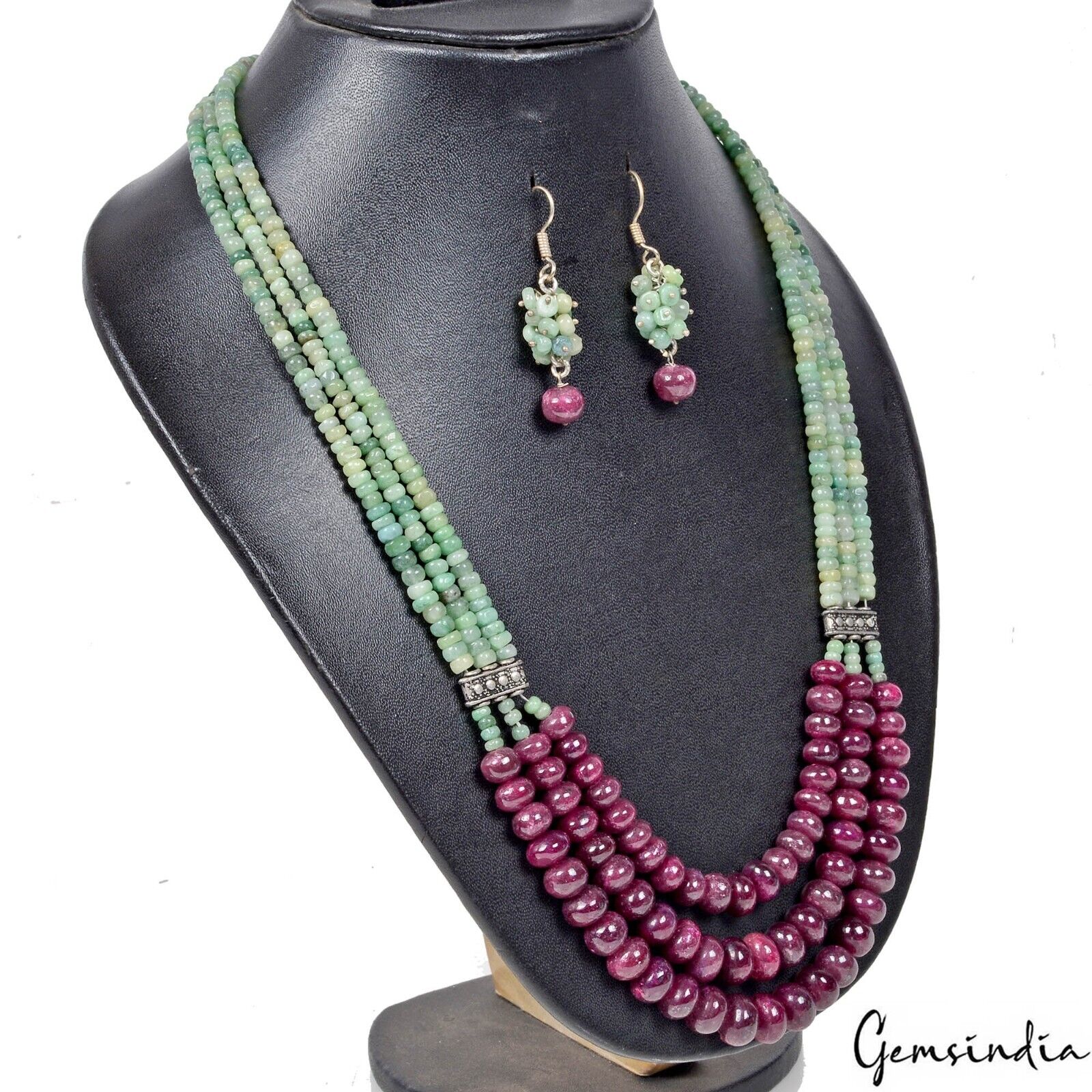 614.30Ct Natural Ruby Emerald Beads Cabochon Stones Handmade Necklace w Earrings