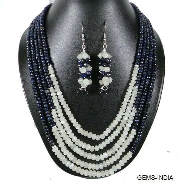 1050Ct Natural Blue Sapphire Moonstone Round Beaded Handmade 5Strand Jewelry Set