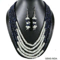 1050Ct Natural Blue Sapphire Moonstone Round Beaded Handmade 5Strand Jewelry Set