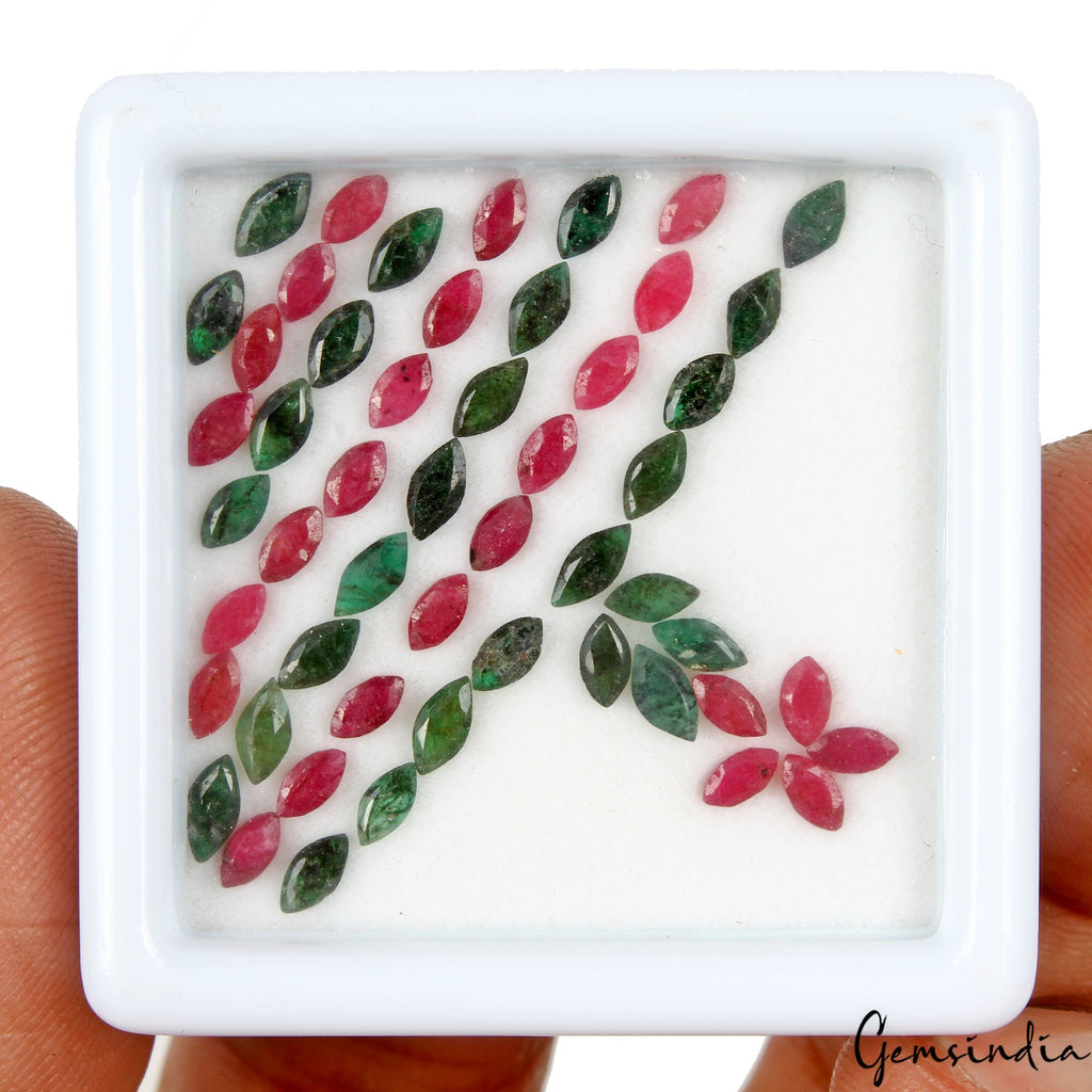 6.40 Cts/52 Pcs Natural Red Ruby Green Emerald Marquise Cut Gems Lot For Jewelry