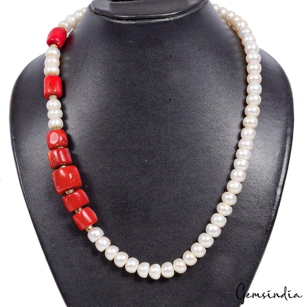 485 Ct Freshwater Pearl & Red Coral Gem Handmade Designer Single Strand Necklace