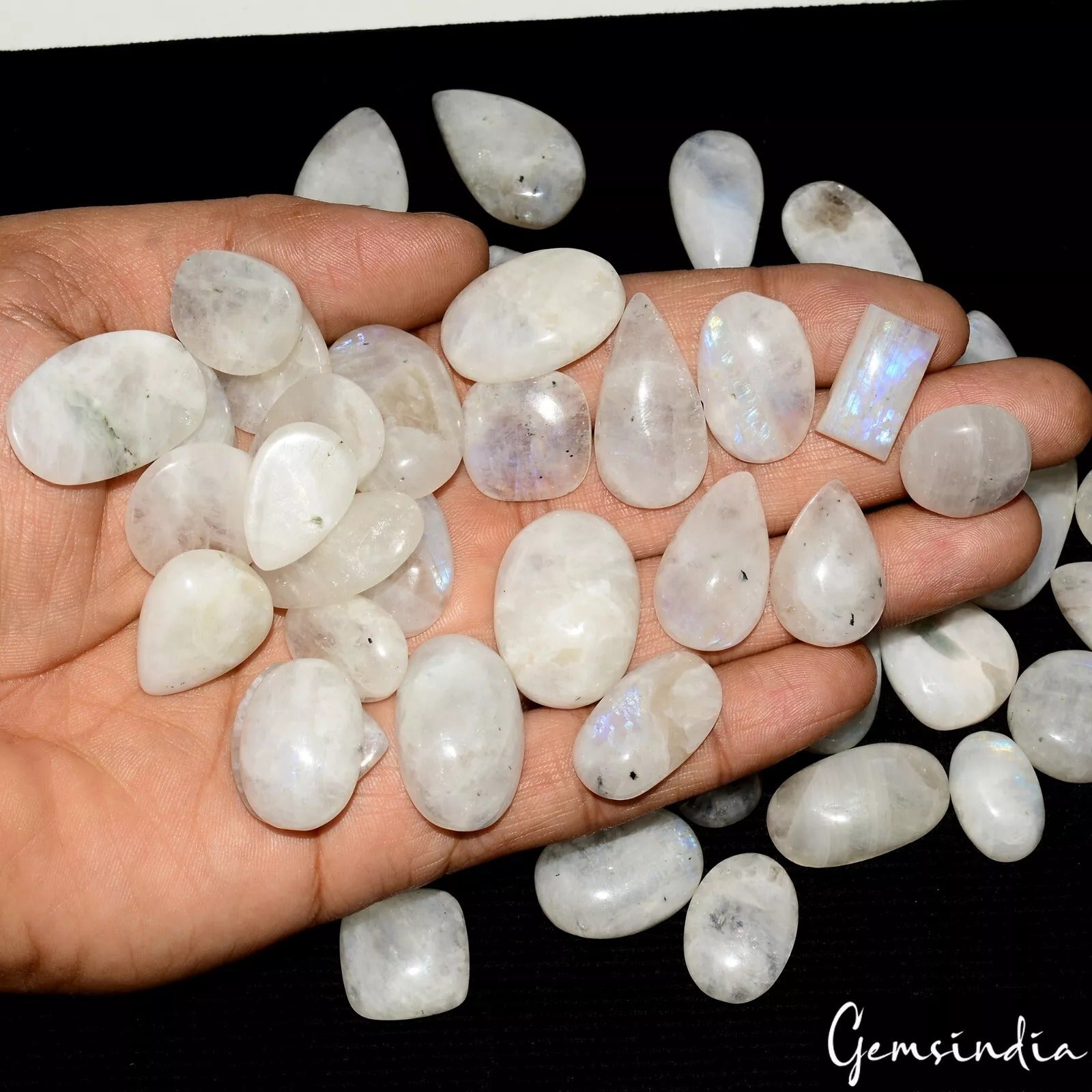 47 Pcs Natural Blue Shine Rainbow Moonstone 17mm-29mm Mix Cabochon Gemstones Lot