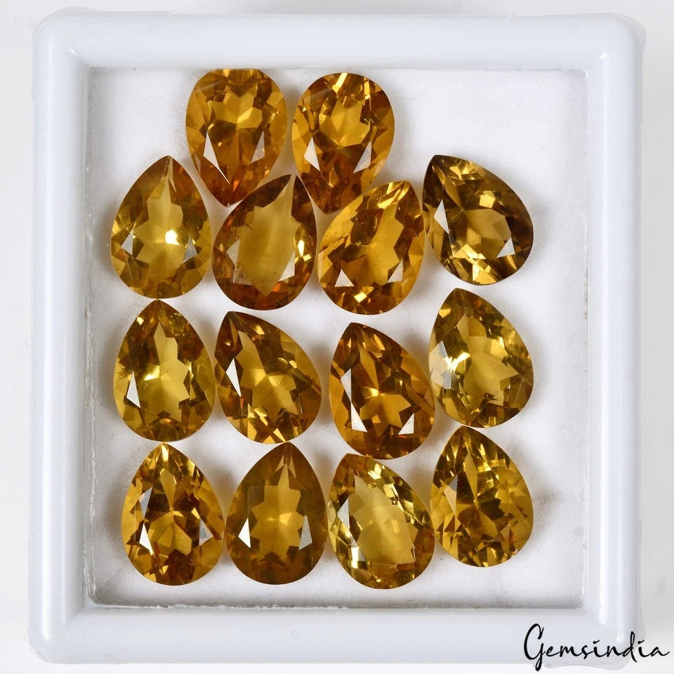 Certified 14 Pcs Natural Golden Yellow Citrine Pear Cut 14x10mm Calibrated Gems