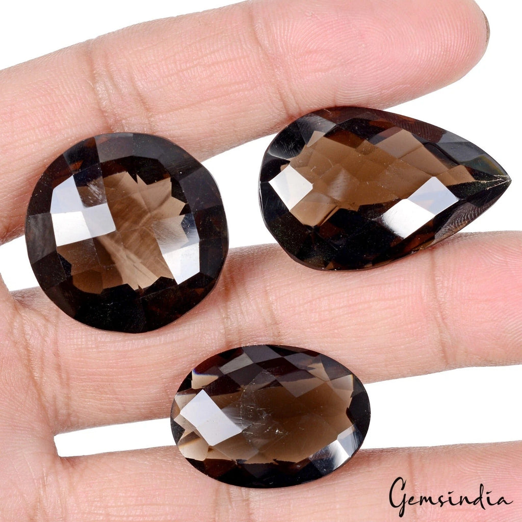 3 Pcs Natural Brown Smoky Quartz 25-31mm Mix Checker Cut Loose Jewelry Gemstones