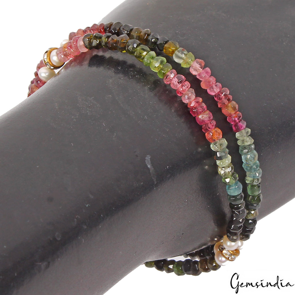 45.60 Cts Natural Multi Color Tourmaline Pearl Round Beaded Stretchable Bracelet