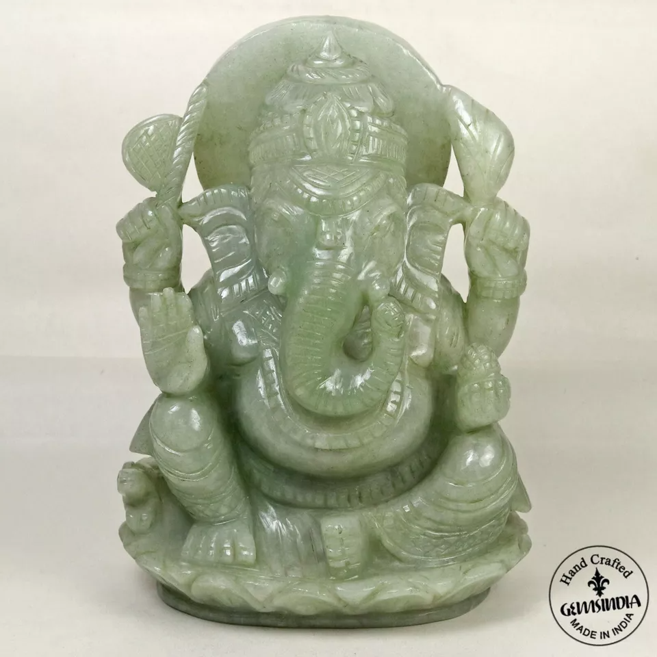 8 Inch Statue Idol Ganesha Figurine Green Aventurine(Indian Jade) Stone Handmade