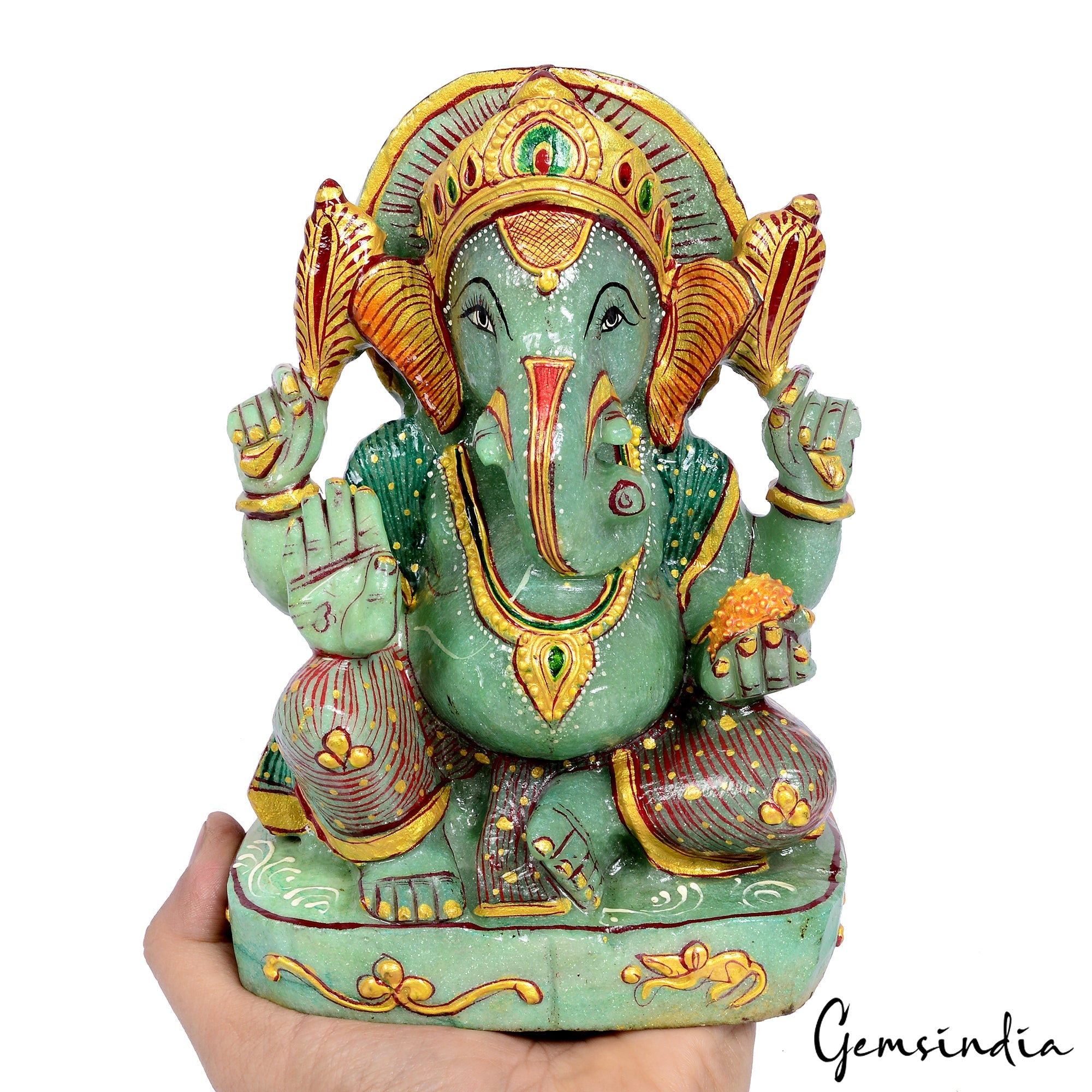 2.6 Kilo Ganesha 7.75" Hand Carved Sculpture/Statue in Green Aventurine Stone