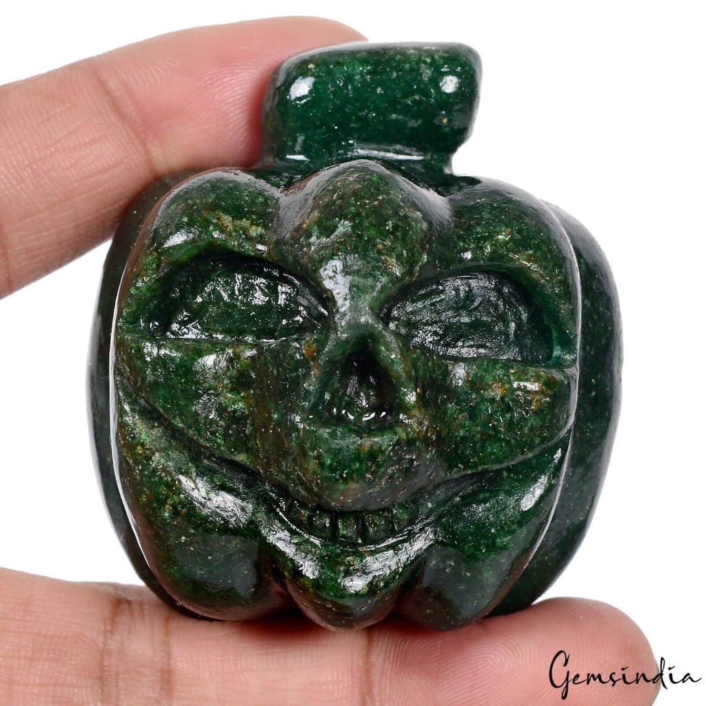 950 Ct Green Aventurine Pumpkin Jack O' Lantern Carved Gemstone Decor Sculpture