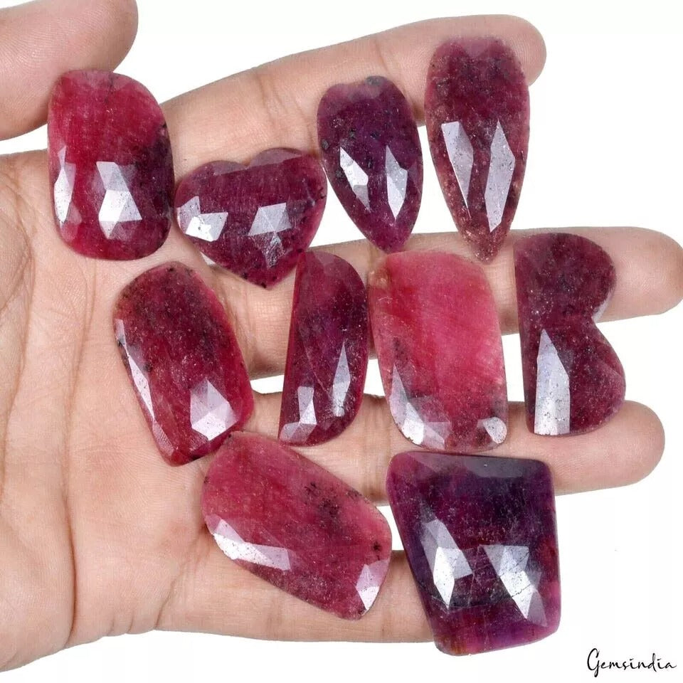 370 Cts/10 Pc Natural Red Ruby Mix Checker Cut Flat Back Loose Gems For Jewelry