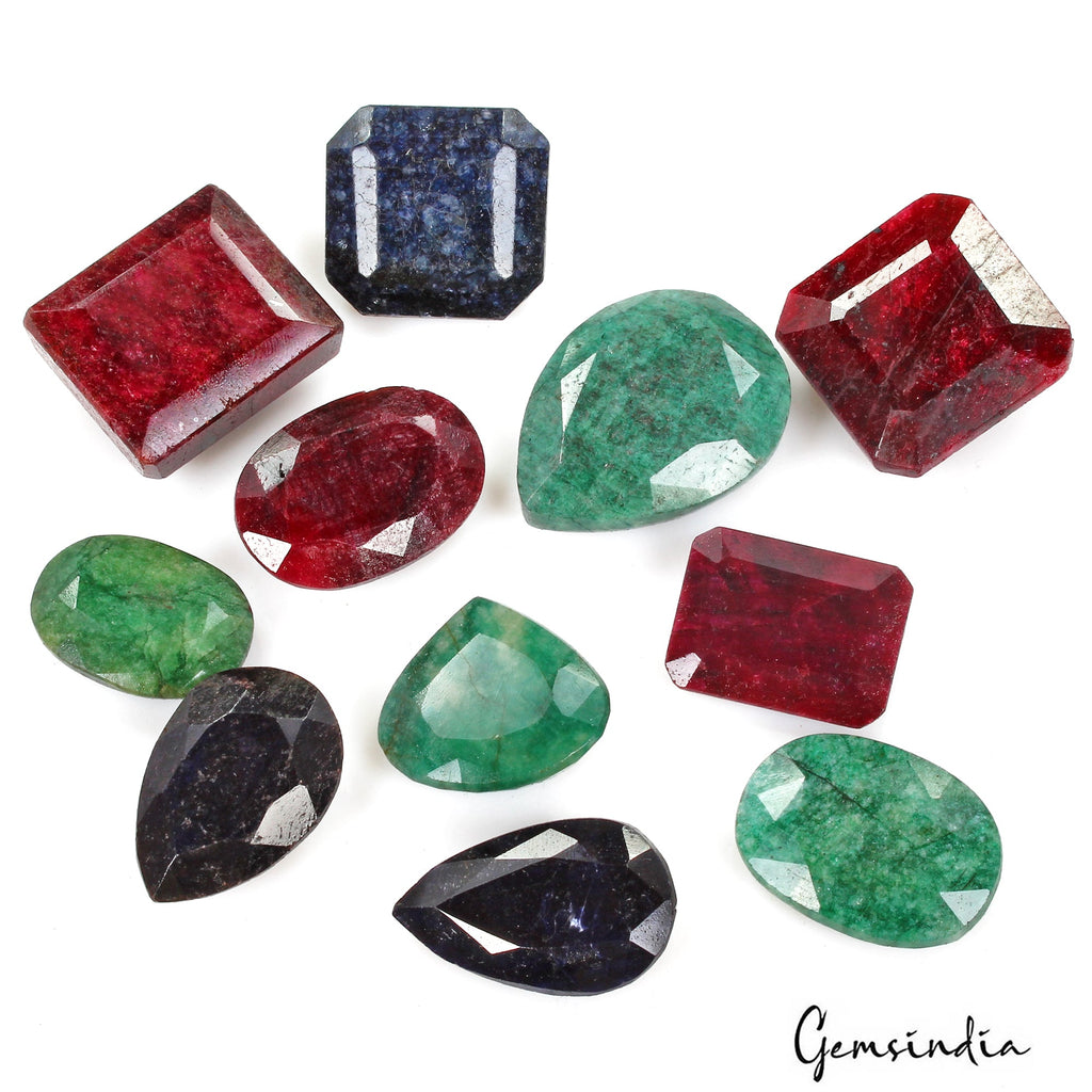 760 Ct/11 Pcs Natural Multi Color Emerald Ruby Sapphire Mixed Cut Loose Gems Lot