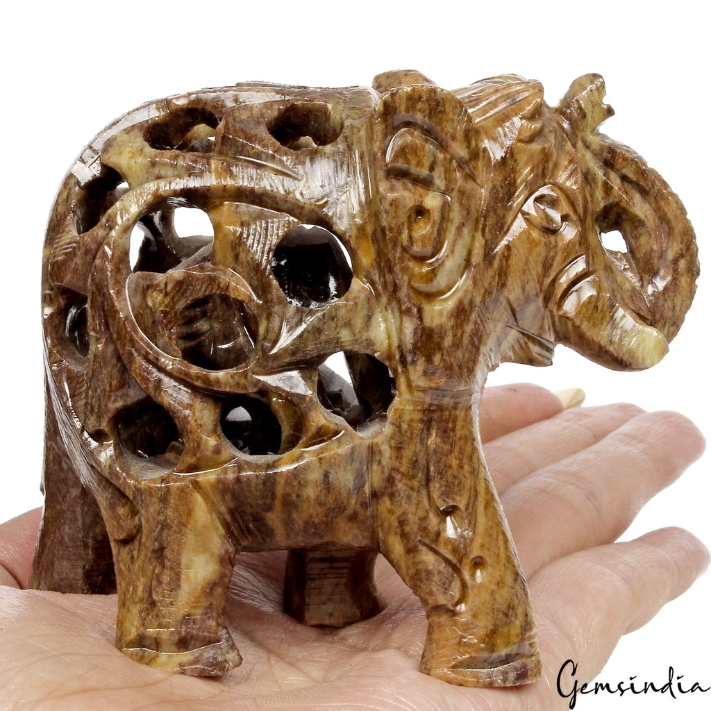 1430 Ct Soapstone Carved Elephant - Baby Inside Mother's Tummy Sculpture/Statue