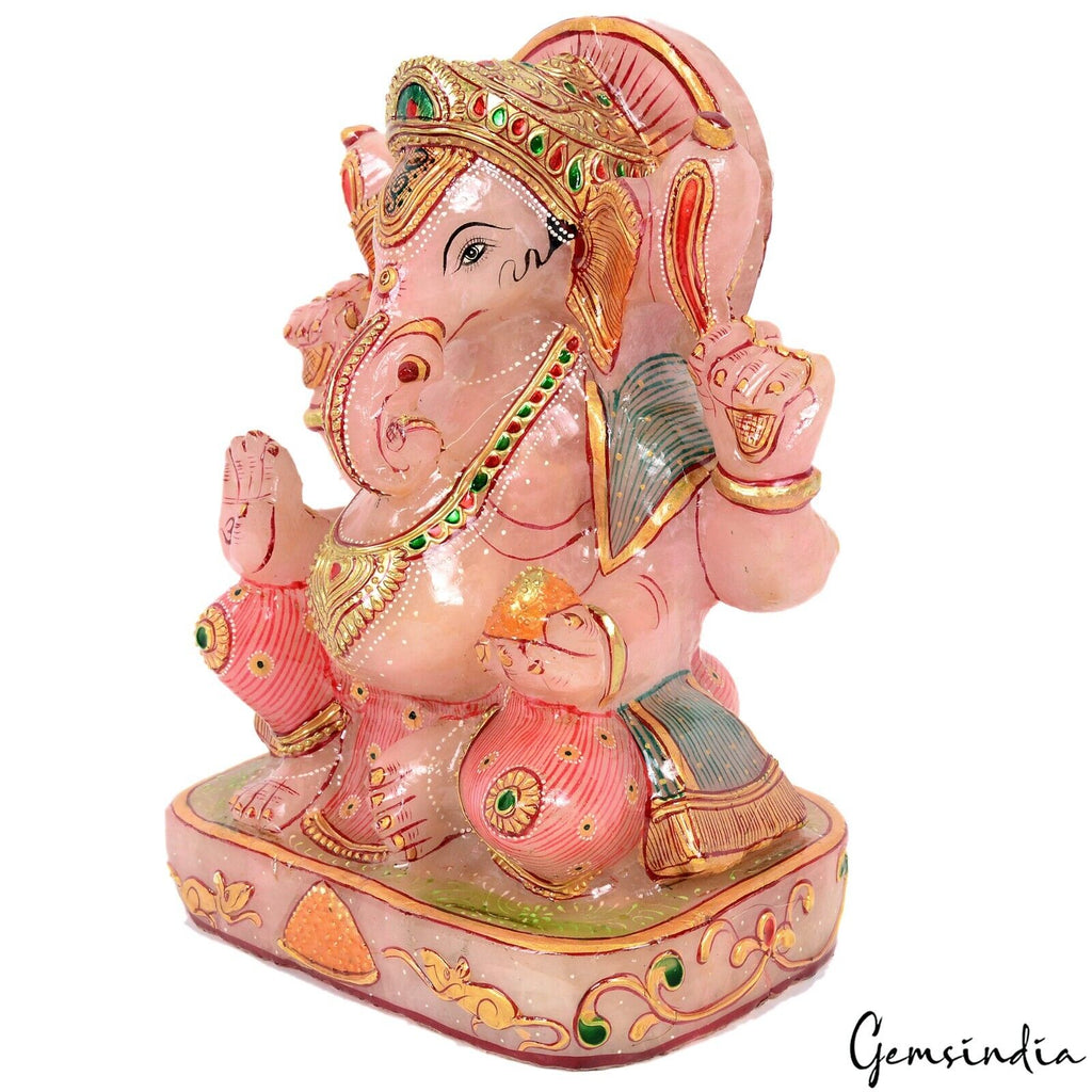 Rose Quartz Ganesha Figurine, Untreated, Gold — 8.1x6.2x3.9 Inches, 4.1 Kg
