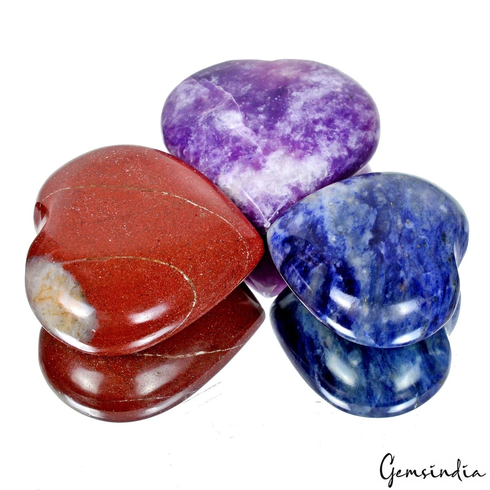 880 Cts/3 Pcs Natural Purple Lepidolite Red Jasper Blue Sodalite Heart Cab Gems