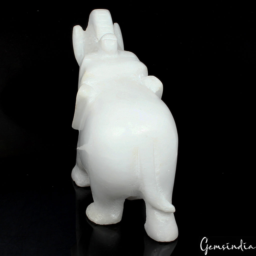 1280 Ct+ Natural White Marble Carved Trunk Up Elephant Hand made Sculpture ~3"