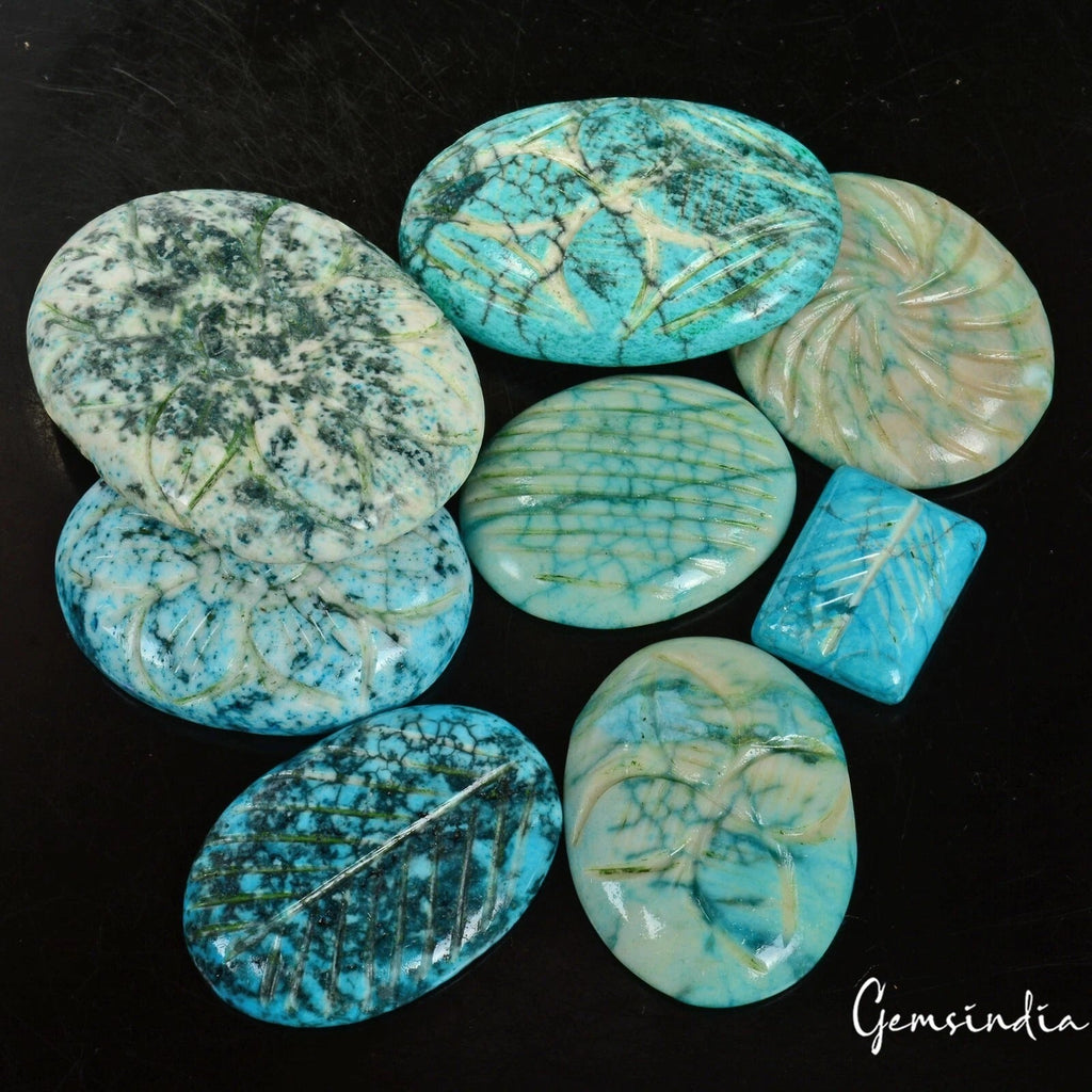 8 Pc Chinese Blue Turquoise Hand Carved Jewelry Kind Loose Gemstones Lot ~530 Ct