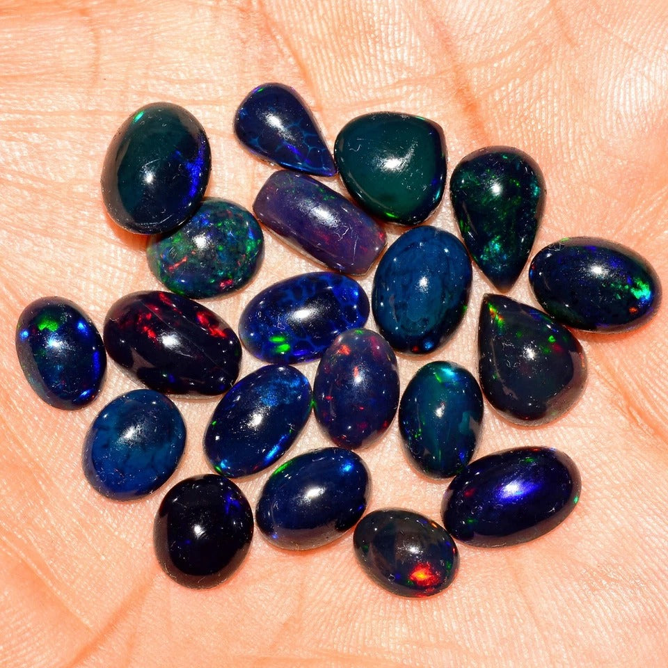 Black Opal Lot, Cabochon, Oval, Pear, Cushion Cabochon, Untreated — 20 Pieces, 8mm to 11mm, 31.25 Ct, Ethiopia