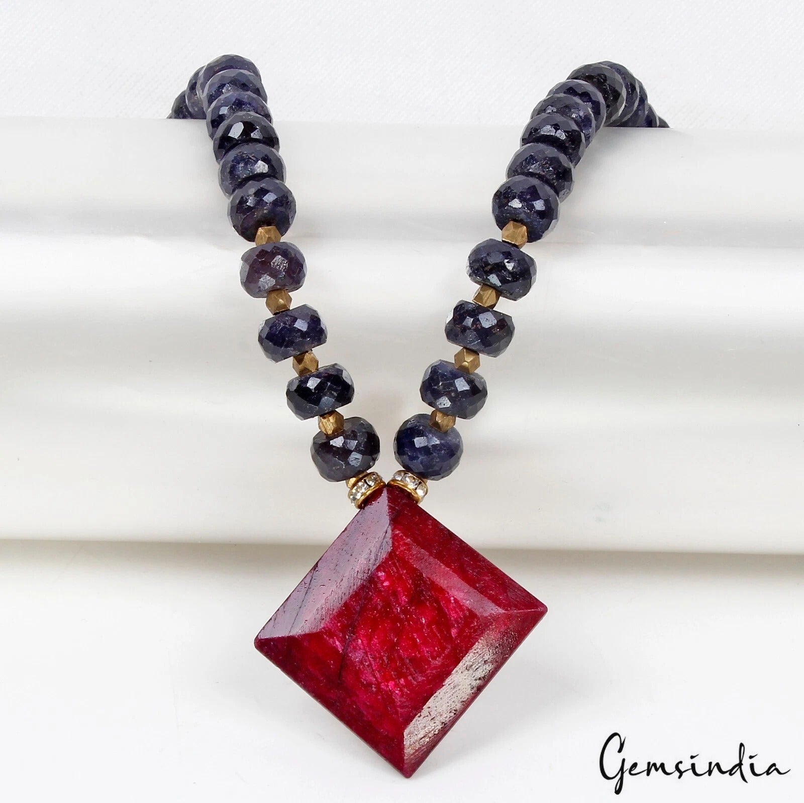 450 Cts Natural Blue Sapphire Round Beaded Handmade 20" Necklace W Ruby Pendant