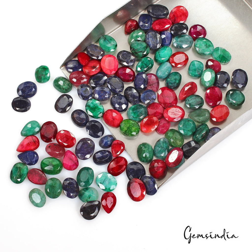 400 Ct/100 Pc Natural Multi Color Emerald Ruby Sapphire Mix Cut Gems For Jewelry