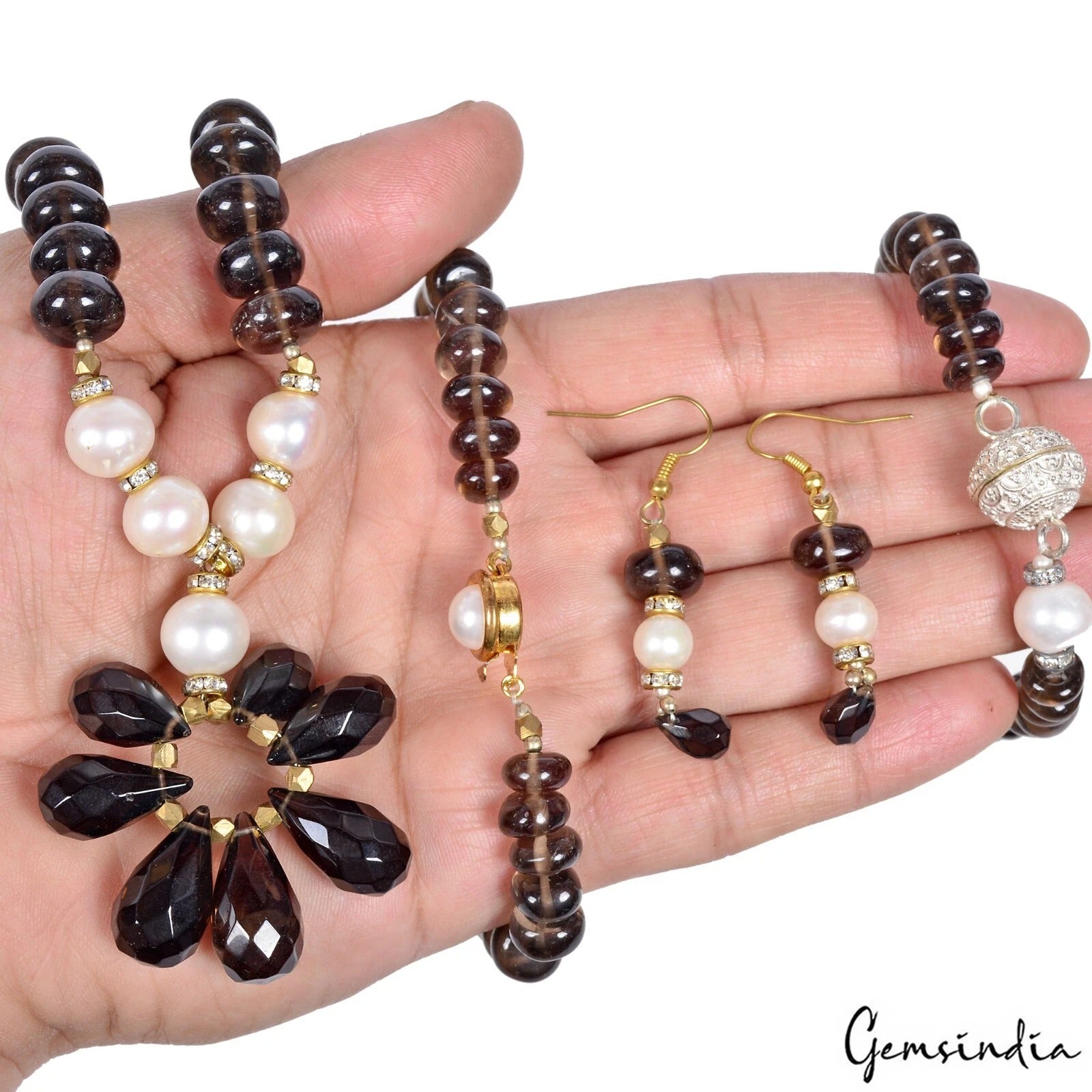 624 Cts Natural Brown Smoky Quartz Pearl Bead Handmade Necklace Bracelet Earring