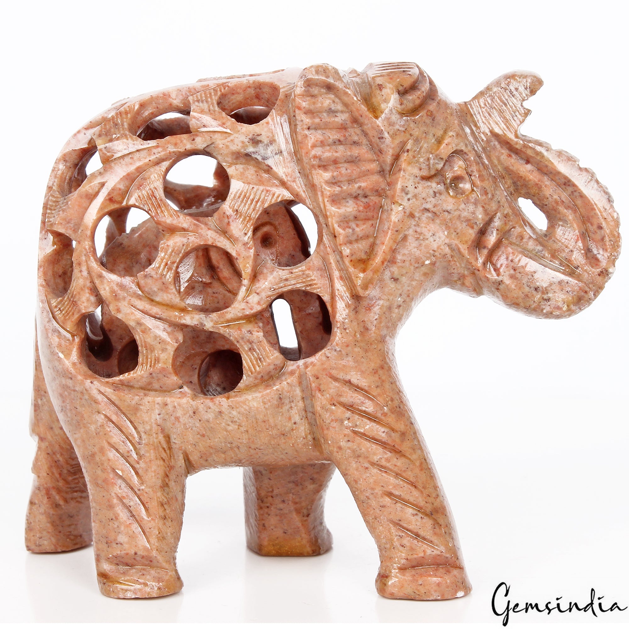 1140 Cts Soapstone Trunk Up Elephant Statue Animal ~ Baby inside Sculpture/Decor