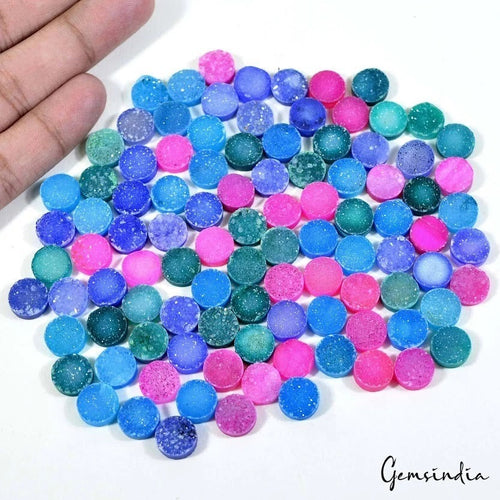 100 Pcs Natural Round Titanium Agate Druzy Multicolor Handmade Wholesale Lot