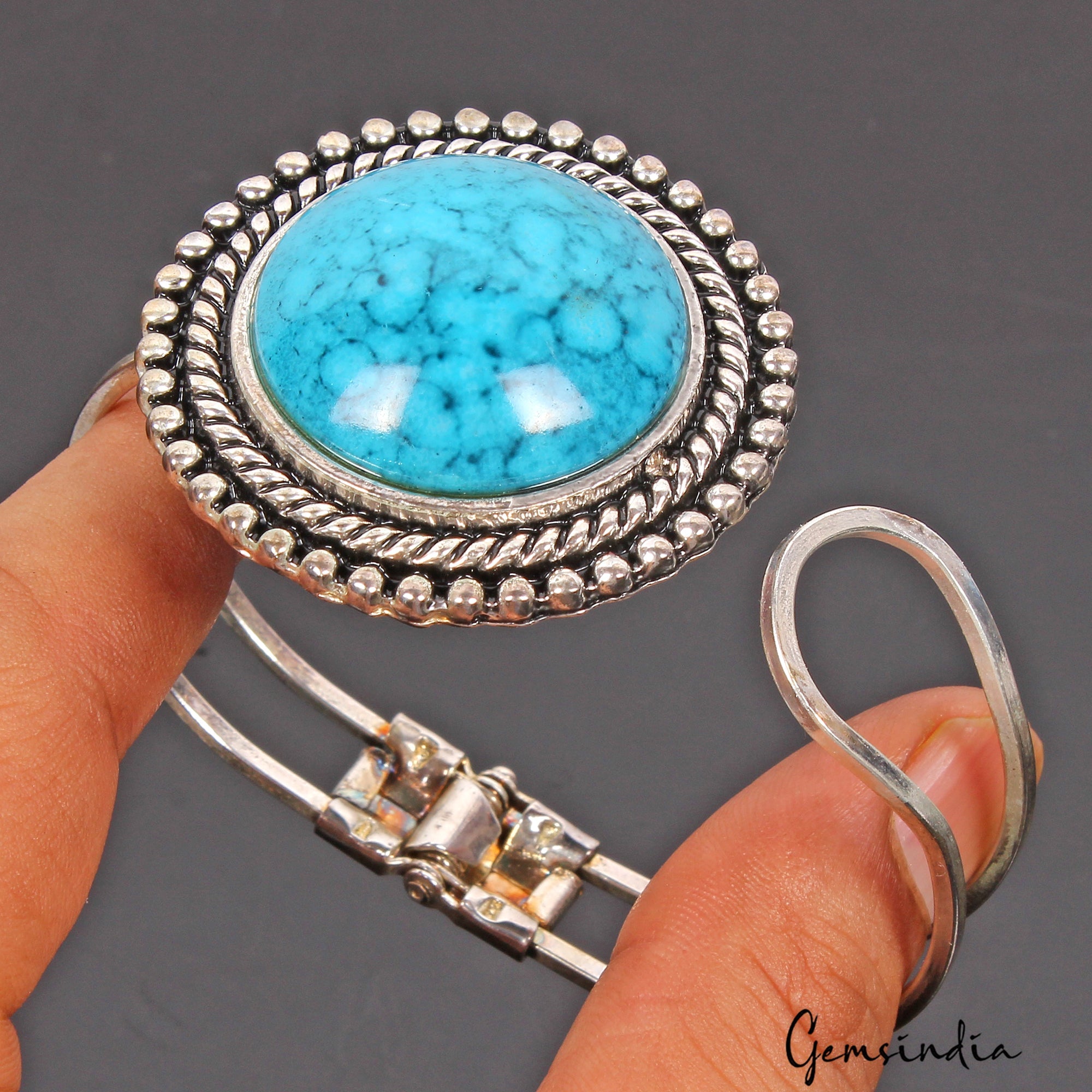 42.60 Gram Blue Round Hand Carved Bangle Bracelet Antique Fashion Jewelry 2.4"