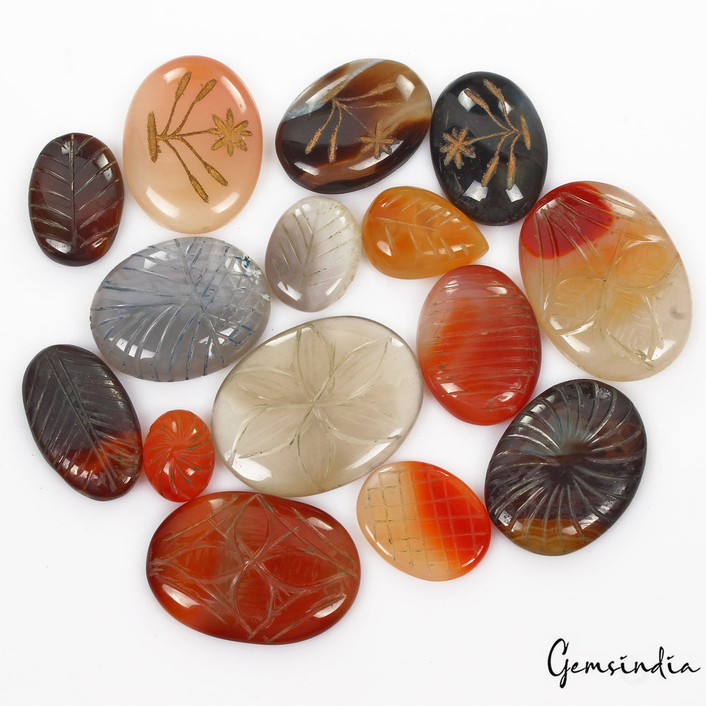 930 Cts/15 Pcs Natural Untreated Multi-Color Onyx Carving Loose Gems For Pendant