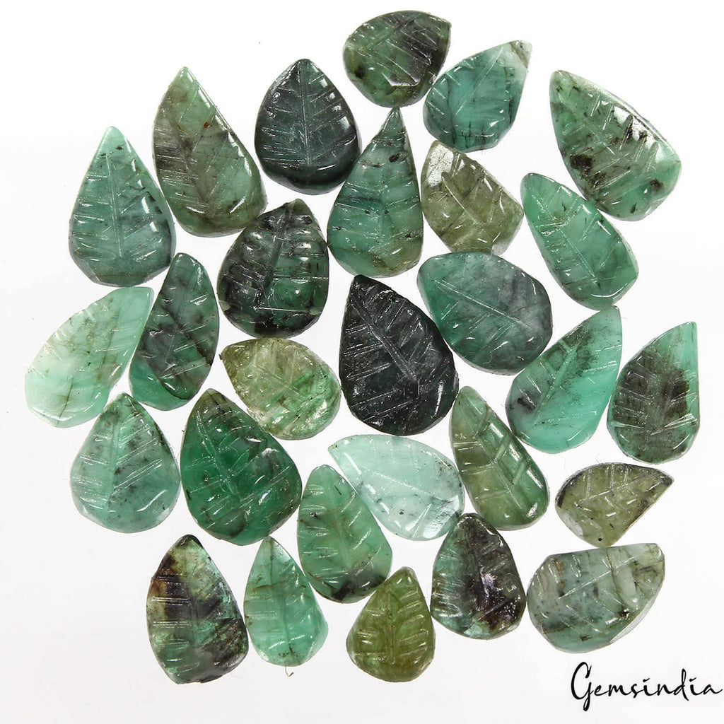 39.50 Ct/28 Pcs Natural Untreated Green Emerald Pear Leaf Carved Gem For Jewelry