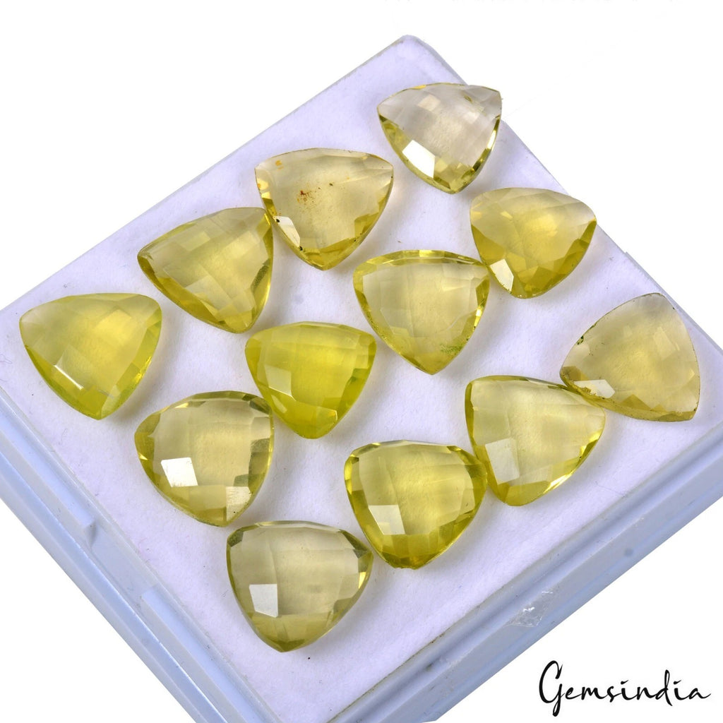 Lemon Quartz Lot, Loose Gemstone, Trillion Checker Cut, Untreated — 12 Pieces, 13mm to 14mm, 72.60 Ct, Brazil