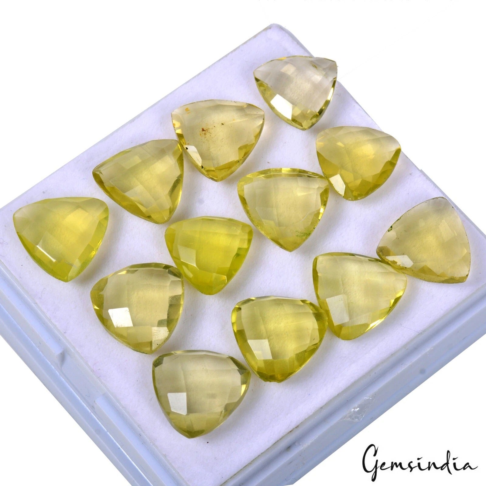 Lemon Quartz Lot, Loose Gemstone, Trillion Checker Cut, Untreated — 12 Pieces, 13mm to 14mm, 72.60 Ct, Brazil