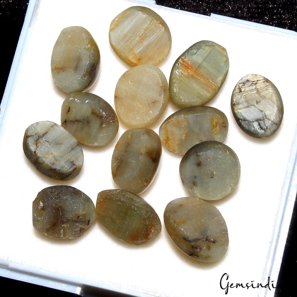 48.50 Cts Natural Chrysoberyl Green Cats Eye Oval Cabochon Loose Gemstones~13 Pc